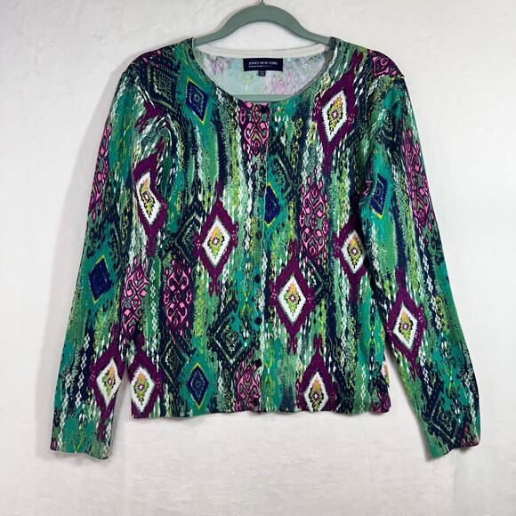 Jones New York Signature Petite Large Boho Printed Cardigan Sweater Green Purple - Picture 1 of 10